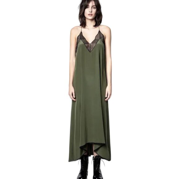Zadig & Voltaire Risty Slip Dress Midi Olive Green Silk Black Lace size M - Picture 1 of 15